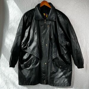 Vintage Komitor Leather Duster Jacket Womens Black Quilt Lined Insulated Coat